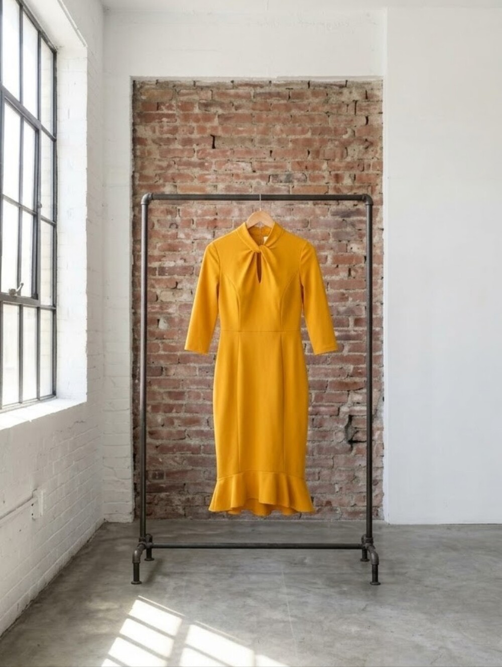 Donna Morgan Mustard Yellow Midi Dress with Keyhole Neck
